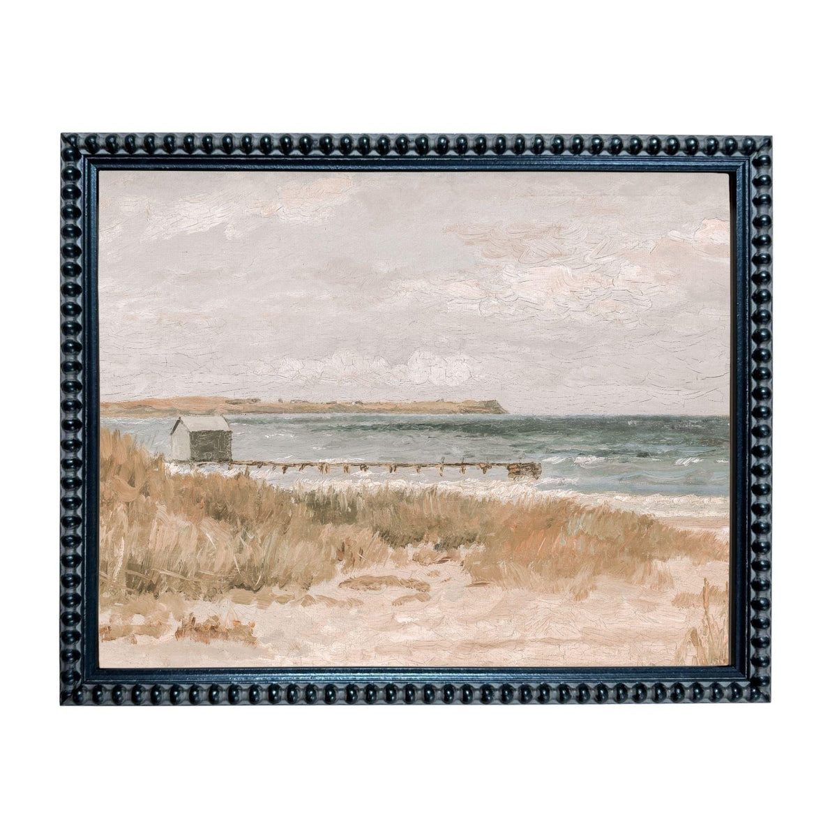 The image is a framed painting depicting a serene coastal scene with a pier, grassy area, and the ocean in the background.