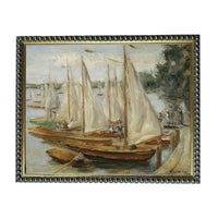 The image is an oil painting depicting a harbor scene with several sailboats on the water.