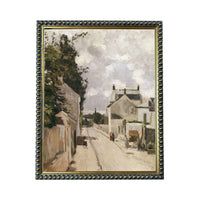 The image is an oil painting depicting a street scene with buildings, trees, and people.