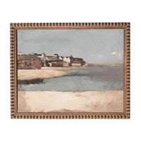 The image is a painting of a coastal town with buildings and a beach in the background.