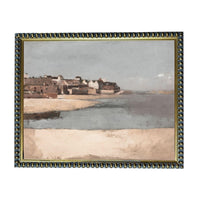 The image is a painting of a coastal town with buildings and a beach in the background.