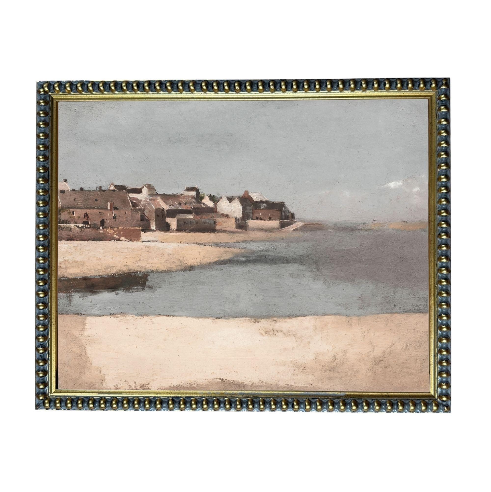 The image is a painting of a coastal town with buildings and a beach in the background.