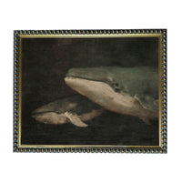 The image is a painting of two large gray whales swimming in the dark, with a dark background.