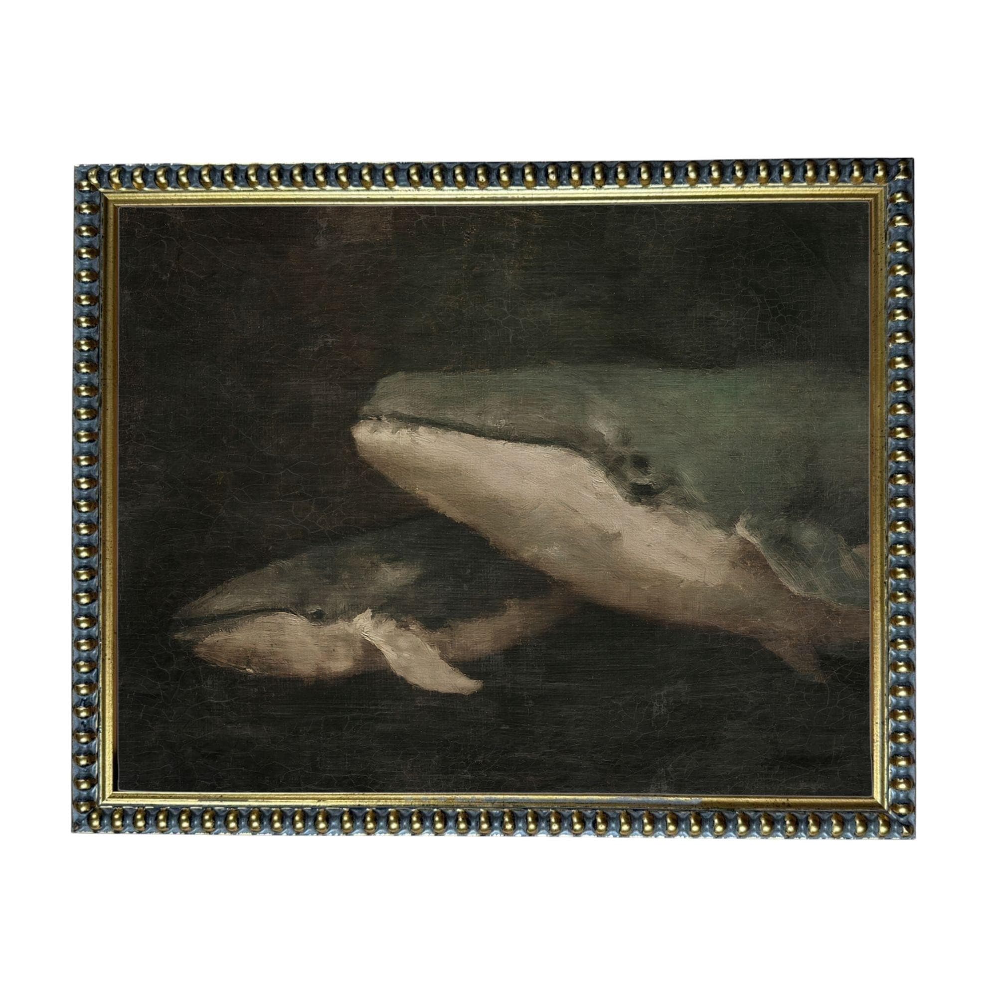 The image is a painting of two large gray whales swimming in the dark, with a dark background.