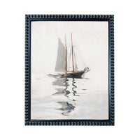 A framed painting depicting a sailboat on the water, with its reflection visible in the water below.