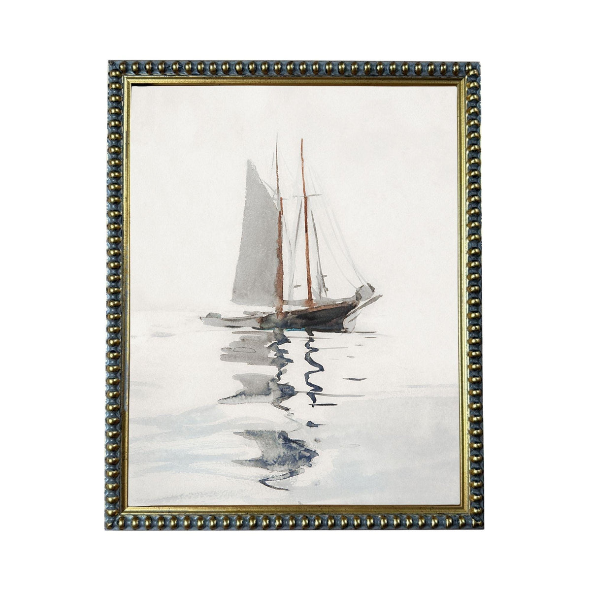 A painting of a sailboat on the water, with a reflection of the boat on the water's surface.