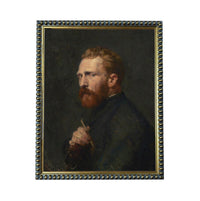 The image is a painting of a man with a beard, wearing a dark coat, and holding a cane.