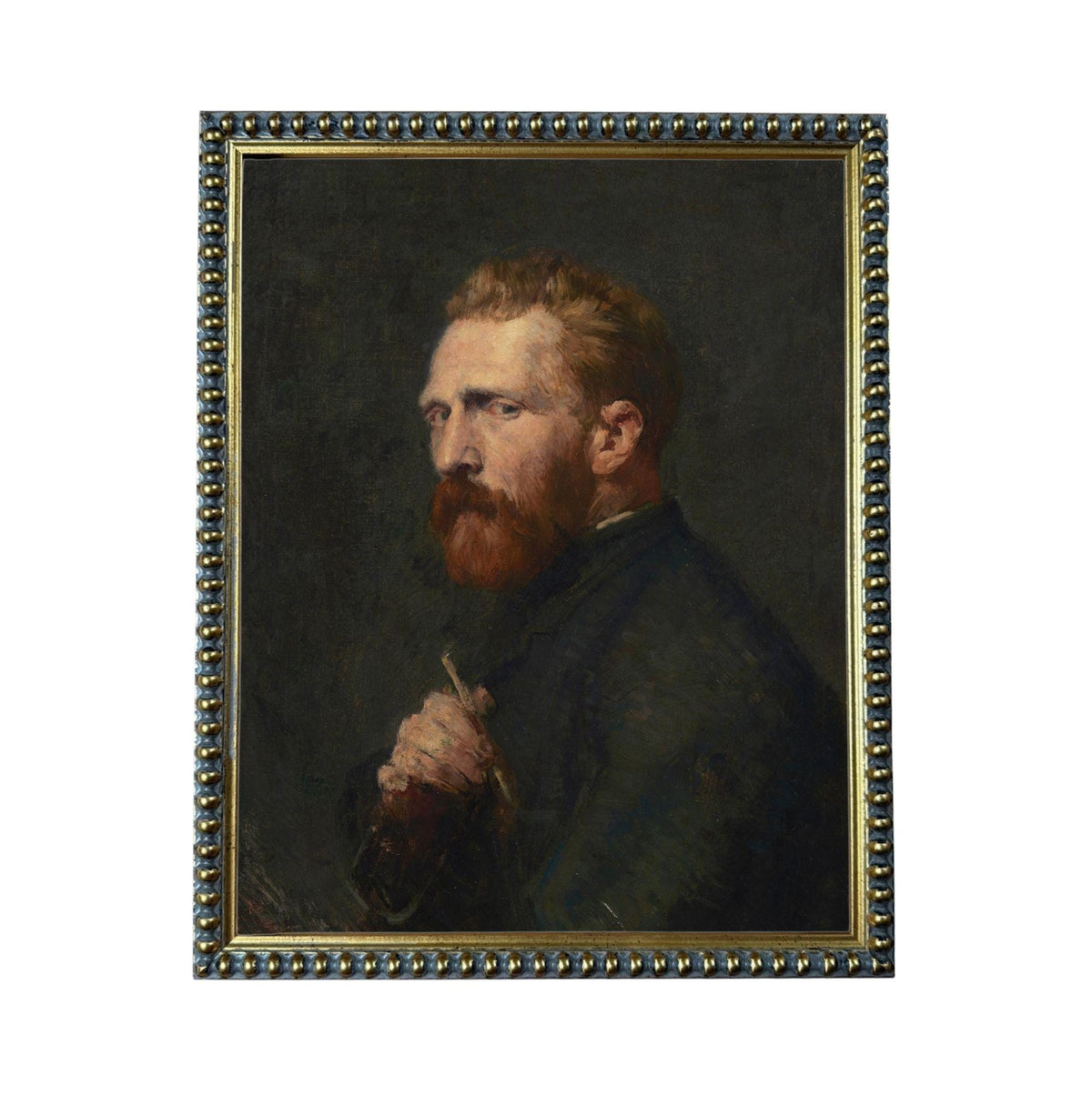 The image is a painting of a man with a beard, wearing a dark coat, and holding a cane.