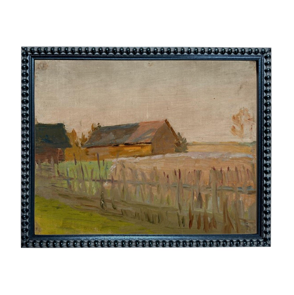 The image is an oil painting depicting a rural landscape with a farmhouse, a fence, and a field.