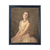 A portrait of a woman wearing a pink dress, with a pensive expression on her face.
