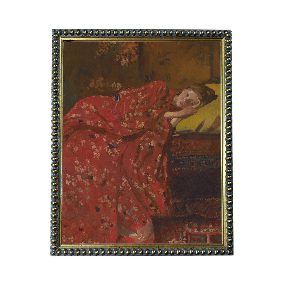 The image is a painting of a woman wearing a red dress with a floral pattern, lying down and resting her head on her hand.