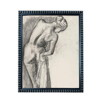 A black and white sketch of a woman leaning against a wall, with a decorative frame around the edges.