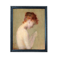 The image is a framed painting depicting a woman with red hair, her head tilted downwards.