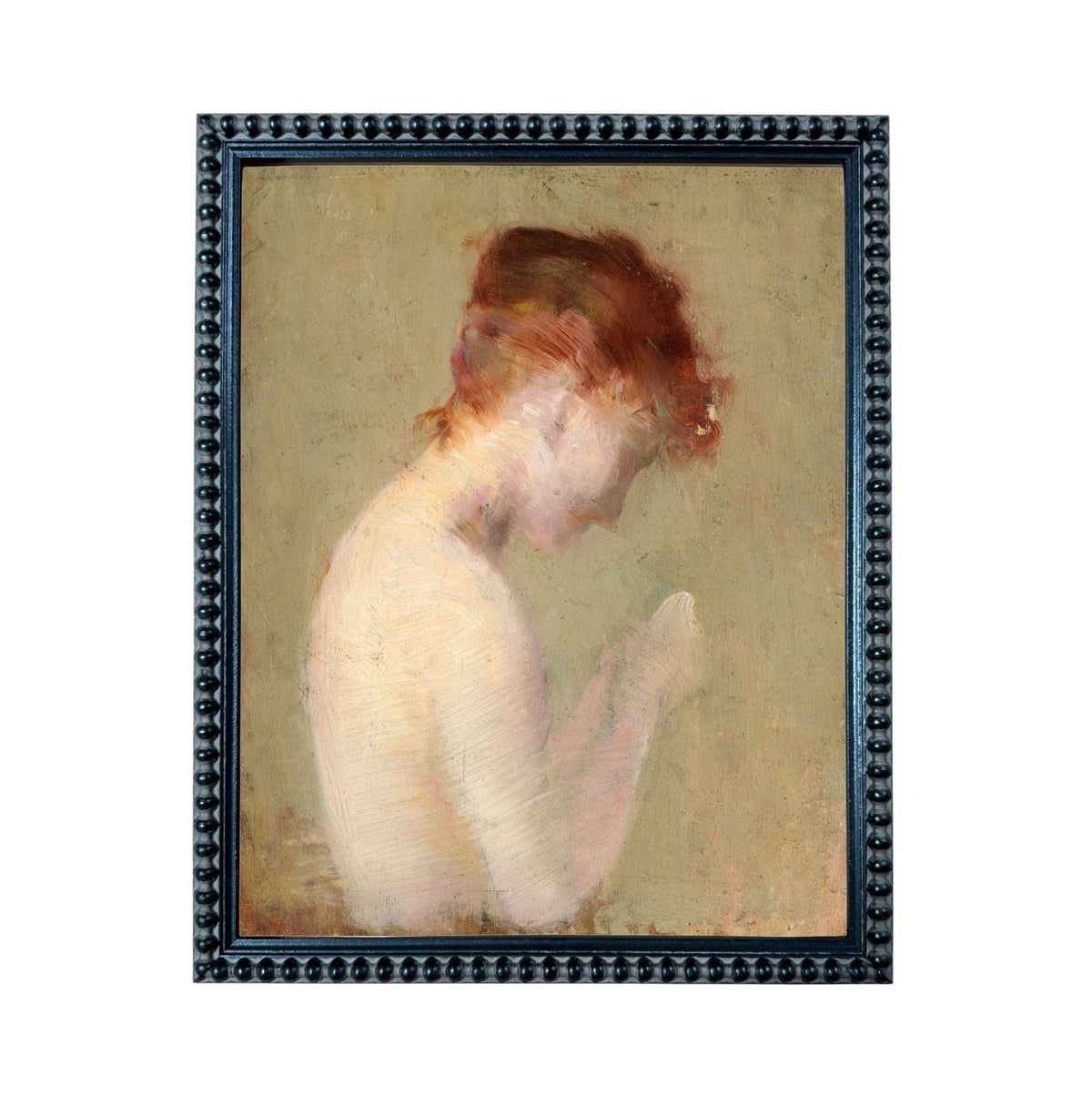 The image is a framed painting depicting a woman with red hair, her head tilted downwards.