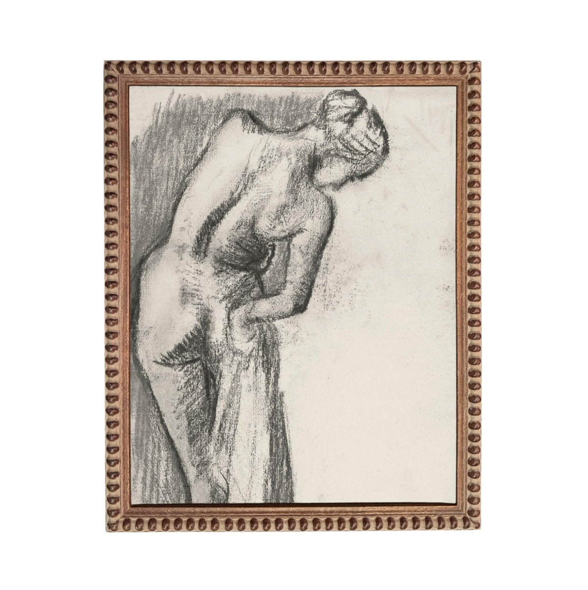 A black and white sketch of a woman's bent posture, with a wooden frame around the edges.