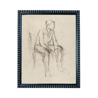 A black and white sketch of a seated man in a chair.