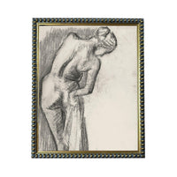 A black and white sketch of a nude woman leaning against a wall, with a decorative border around the edges.