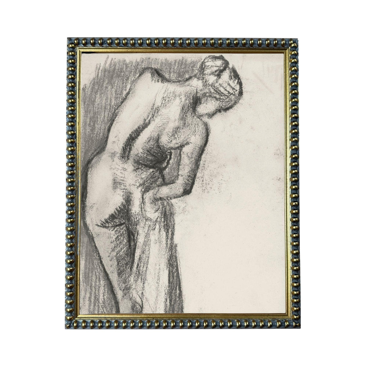 A black and white sketch of a nude woman leaning against a wall, with a decorative border around the edges.