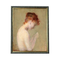 The image is a painting of a woman with red hair, depicted in a pensive or contemplative pose.