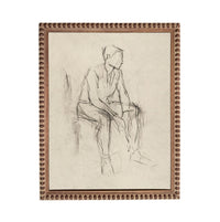 A sketch of a seated man in a chair, drawn in a loose, sketchy style.