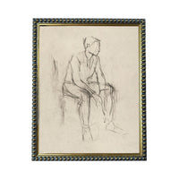 A black and white sketch of a seated man in a chair.
