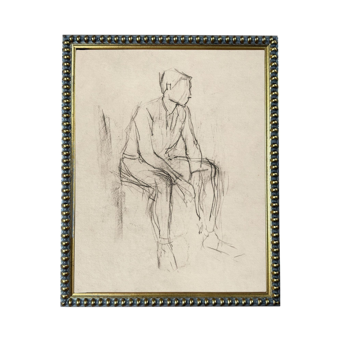 A black and white sketch of a seated man in a chair.