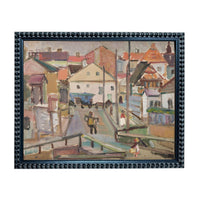 The image is an oil painting depicting a lively street scene with people, cars, and buildings in a colorful and vibrant style.