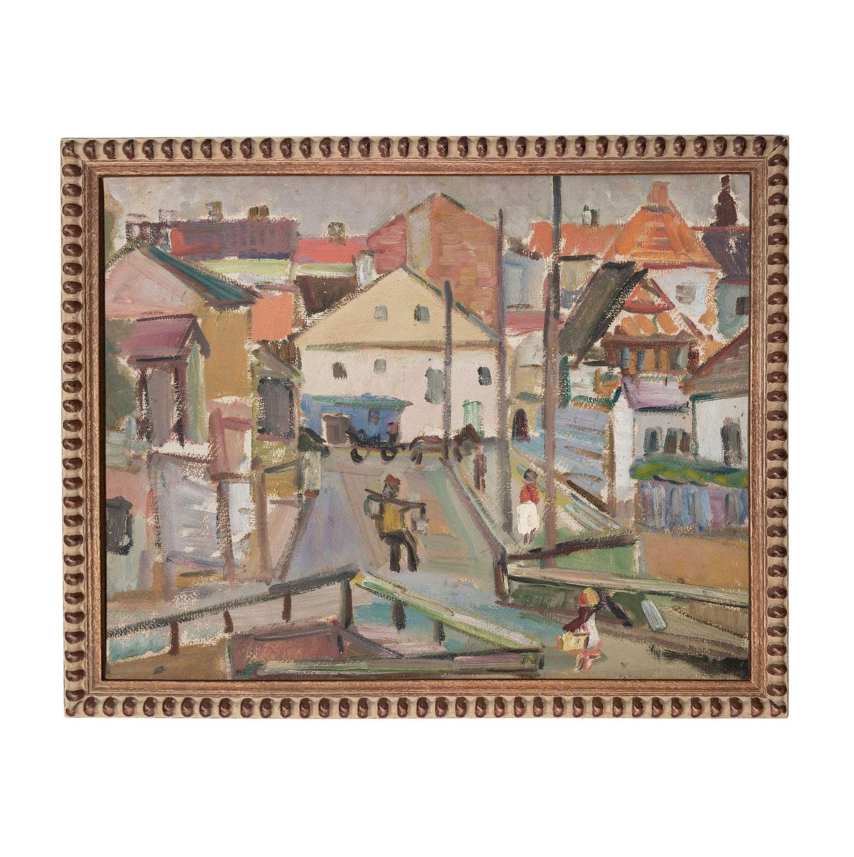 The image is an oil painting depicting a lively street scene with colorful buildings, people, and vehicles.