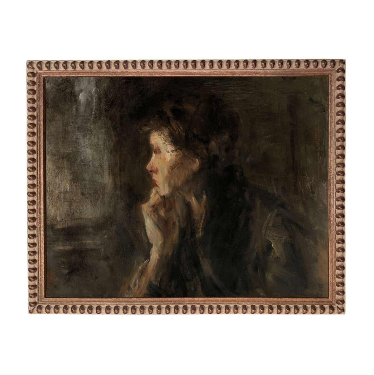 The image is an oil painting depicting a woman with a pensive expression, wearing a dark coat.