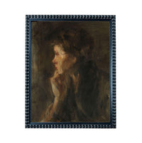 The image is a painting of a woman's profile, with a dark background and a contemplative expression.