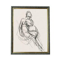 The image is a framed drawing of a seated woman, which appears to be a sketch or drawing of a human figure.