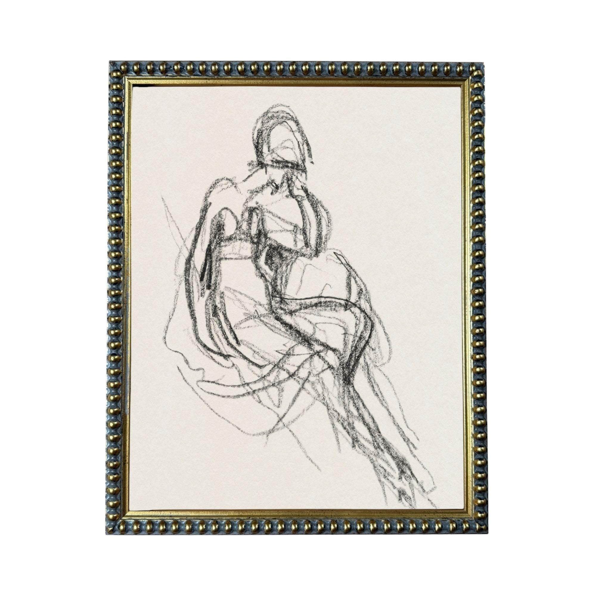 The image is a framed drawing of a seated woman, which appears to be a sketch or drawing of a human figure.