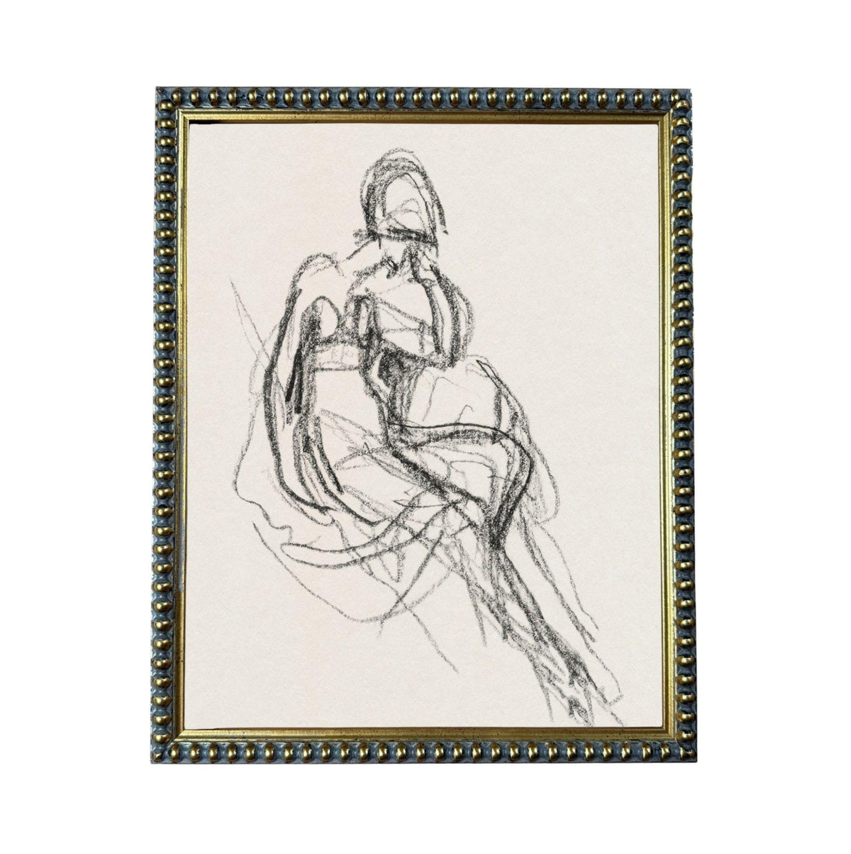 The image is a framed drawing of a seated woman, which appears to be a sketch or drawing of a human figure.