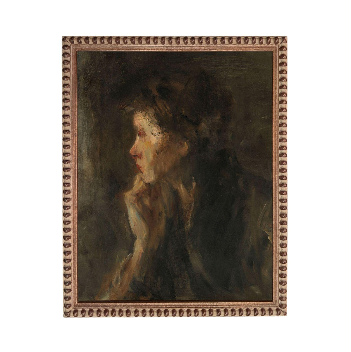 The image is a painting of a woman's profile, with a dark background and a warm, muted color palette.