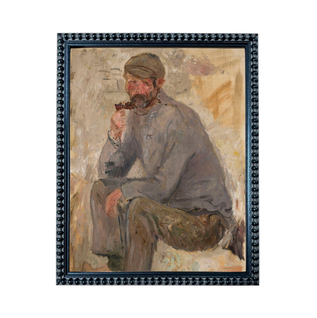 The image is a painting of a man sitting and smoking a pipe.