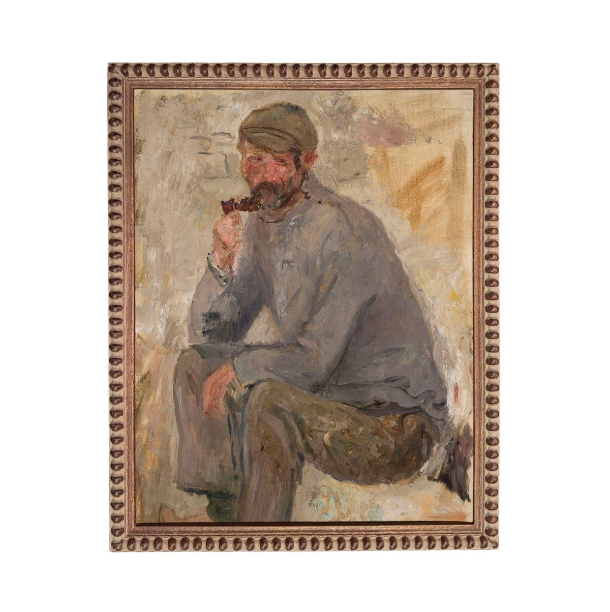 The image is a painting of a man sitting and smoking a pipe.