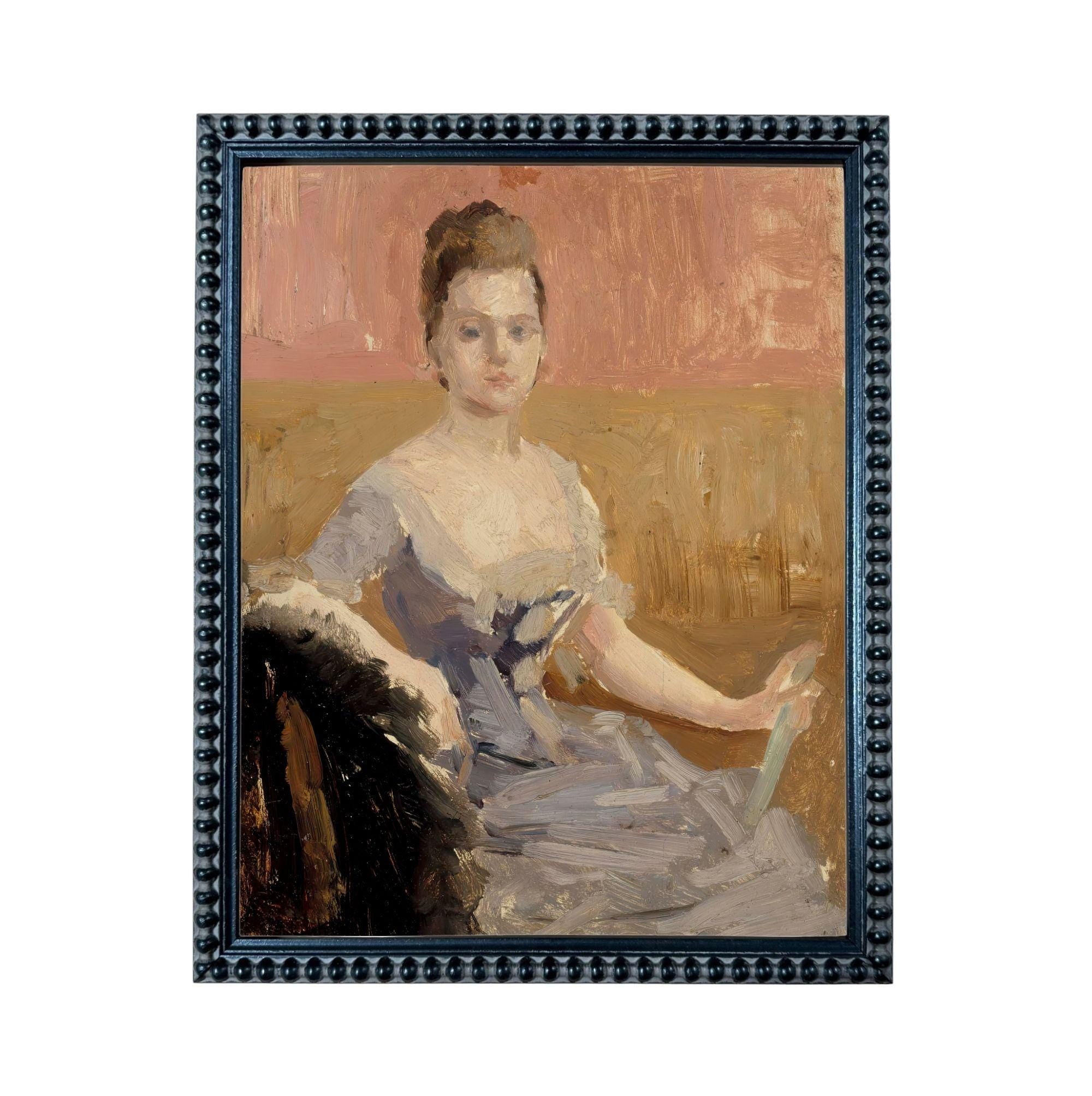 The image is a framed painting depicting a woman in a blue dress sitting in a chair.