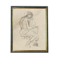 The image is a framed sketch of a seated person, drawn in a loose, sketchy style.