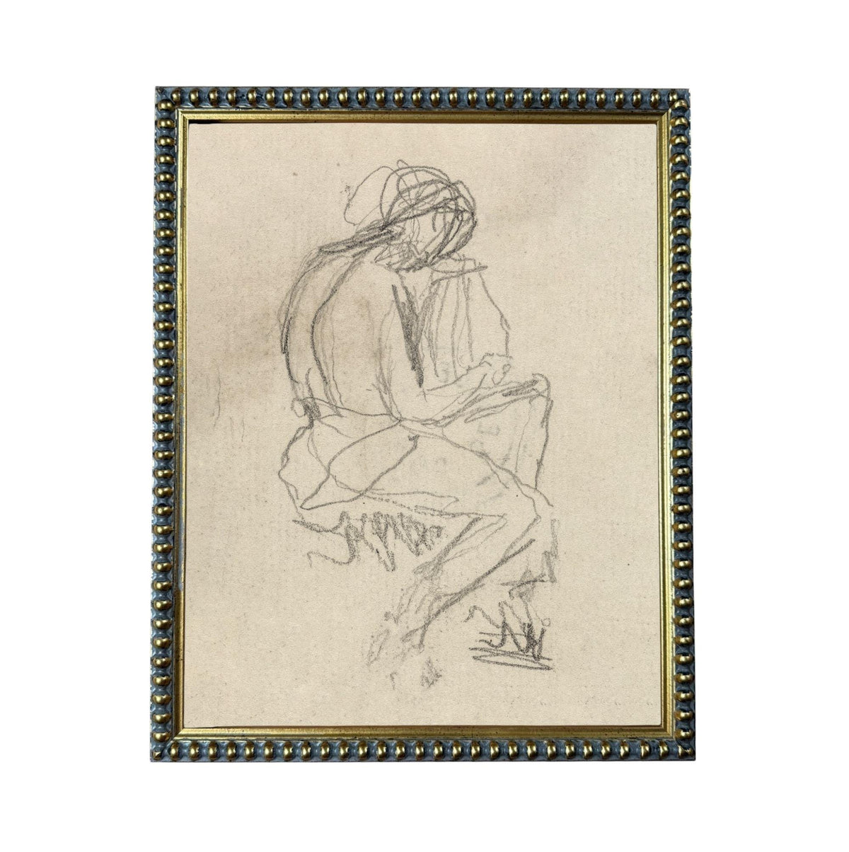 The image is a framed sketch of a seated person, drawn in a loose, sketchy style.