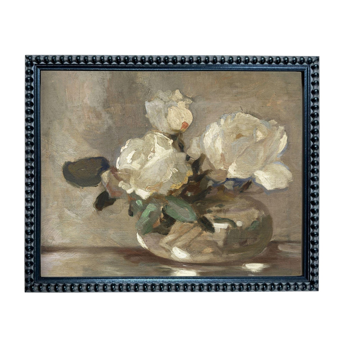 The image is a painting of a vase containing white roses.