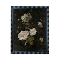 A framed painting depicting a bouquet of white roses against a dark background.
