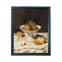 The image is a painting of a white bowl filled with various fruits, including apples and oranges, placed on a table.