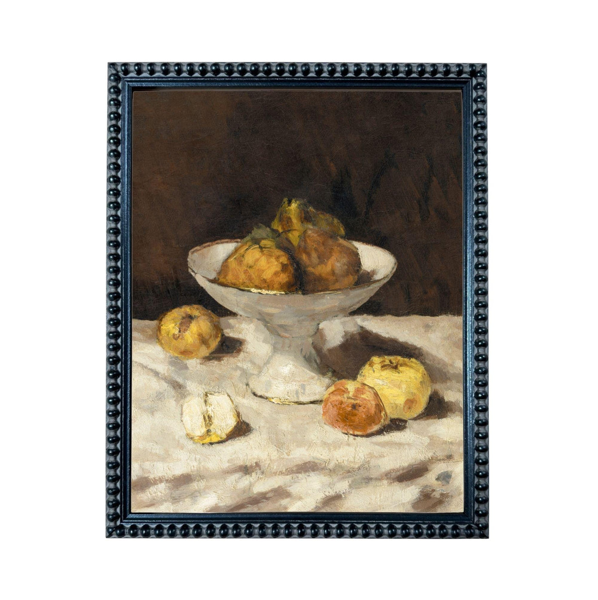 The image is a painting of a white bowl filled with various fruits, including apples and oranges, placed on a table.