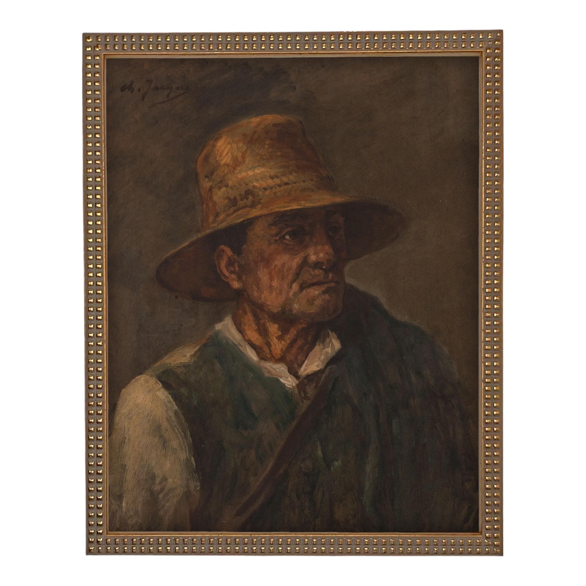 Framed Vintage Print of a Man with Pipe on Canvas #P-555