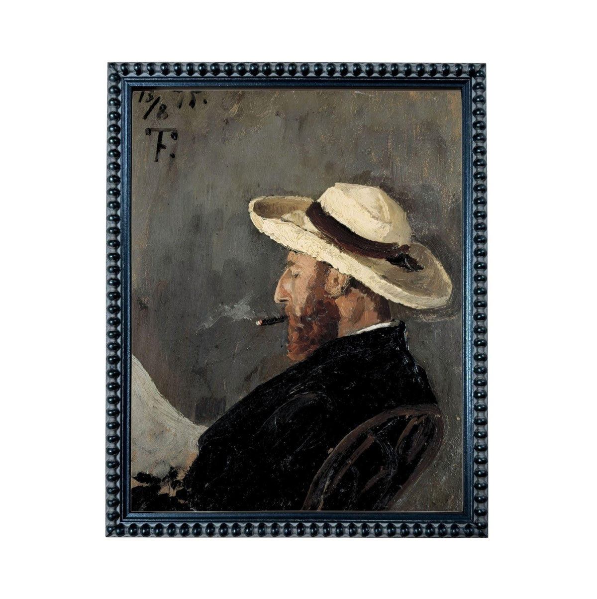 The image is a painting of a man wearing a hat and smoking a cigarette.