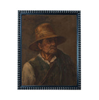 The image is a painting of a man wearing a hat, possibly a straw hat, and a green vest.