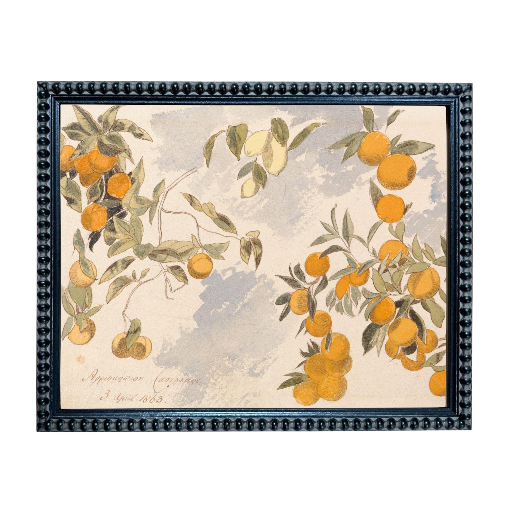 The image is a framed painting depicting a vibrant scene of orange trees with numerous ripe oranges hanging from their branches.