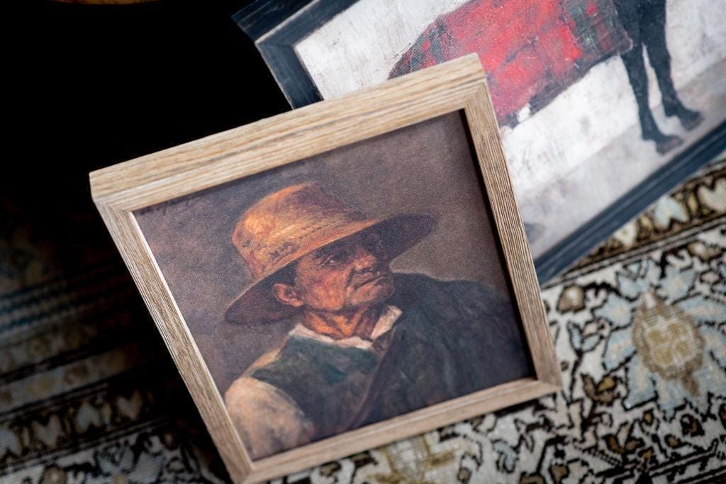 Framed Vintage Print of a Man with Pipe on Canvas #P-555