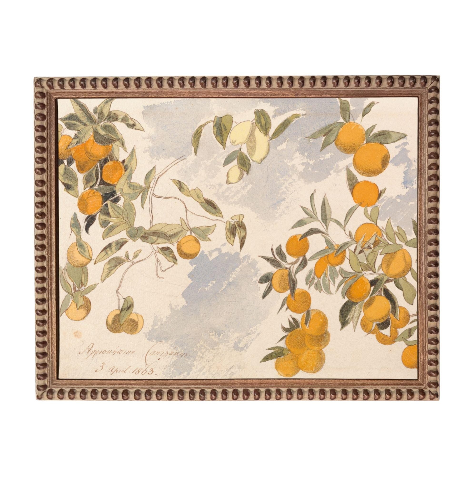 The image is a framed painting depicting a vibrant scene of orange trees with numerous ripe oranges hanging from their branches.
