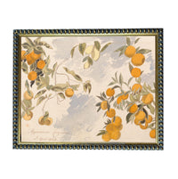 The image is a framed painting depicting a vibrant scene of orange trees with numerous ripe oranges hanging from their branches.